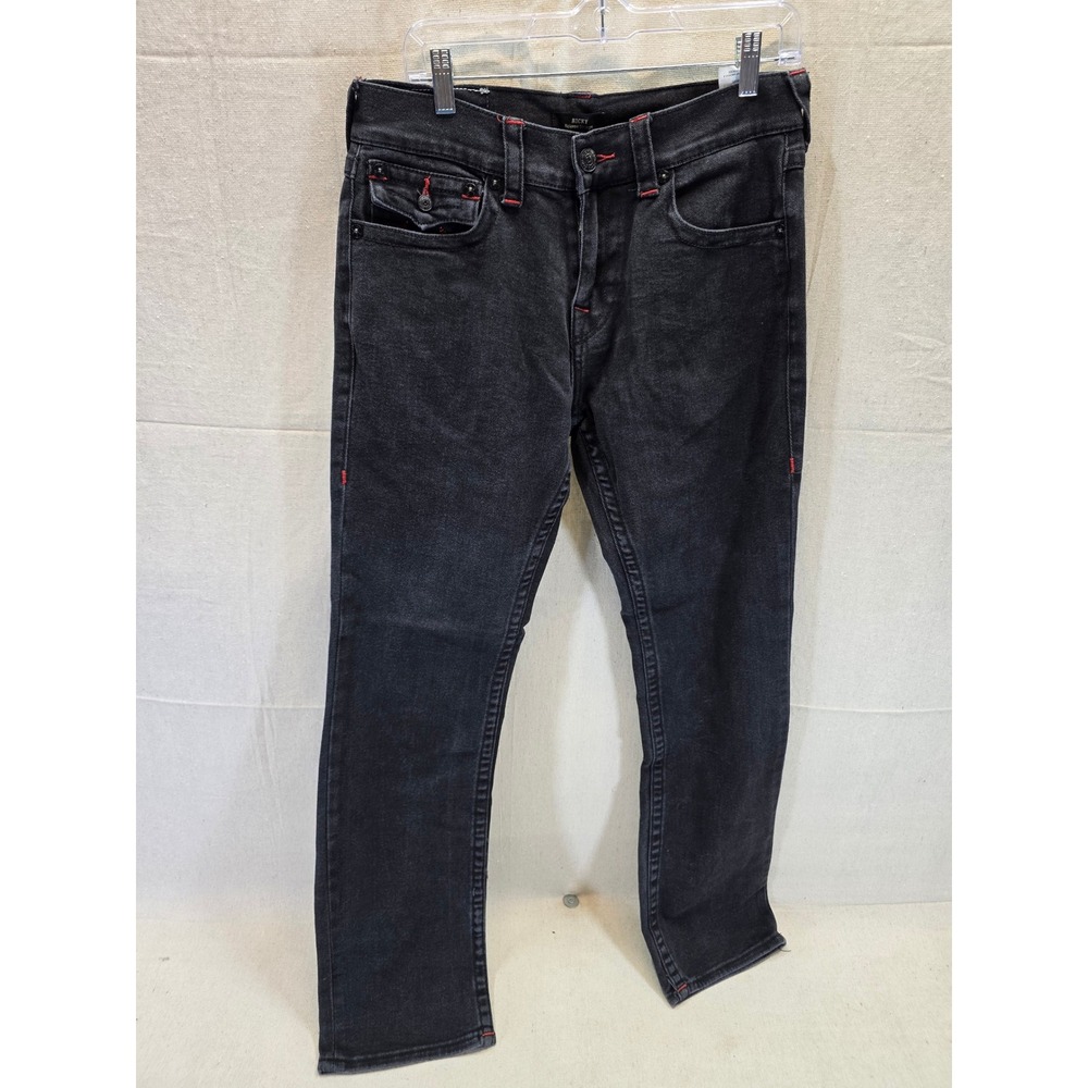 True Religion Ricky Relaxed Straight Black Jeans Red Stitching Mens 31 x 31